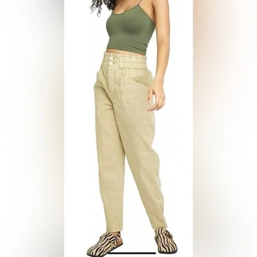 Free People Pants Womens L Begie Ready to Run Cinch-Waist OB1235398 Parchment